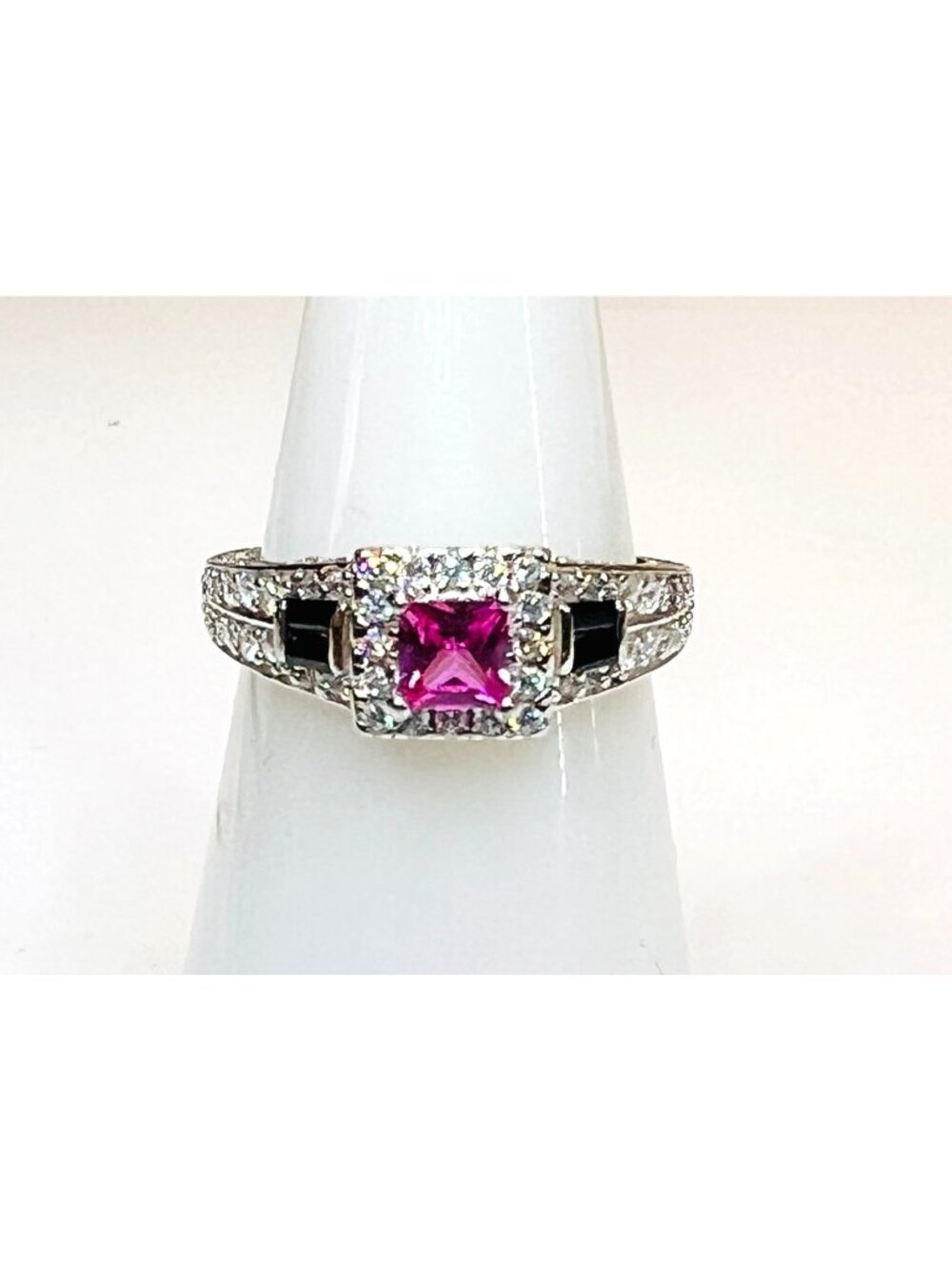 Ring Bomb Party Ring, size 6 .925 sterling silver pink black gemstones CZ accent